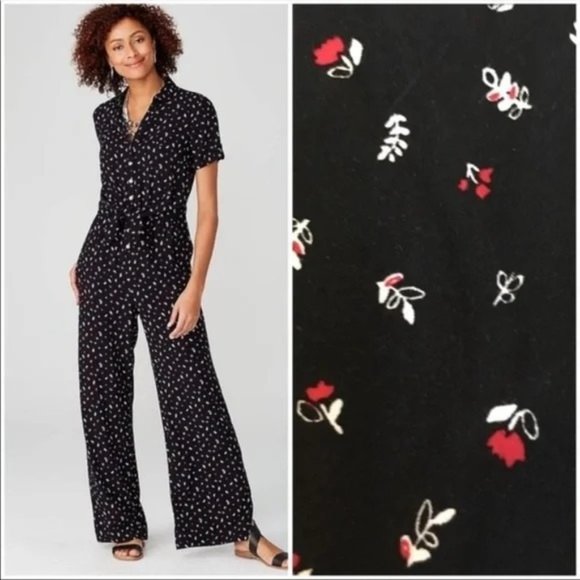 J. Jill Women's Sz. L Layered Tie Front Black Floral Jumpsuit - Picture 1 of 9